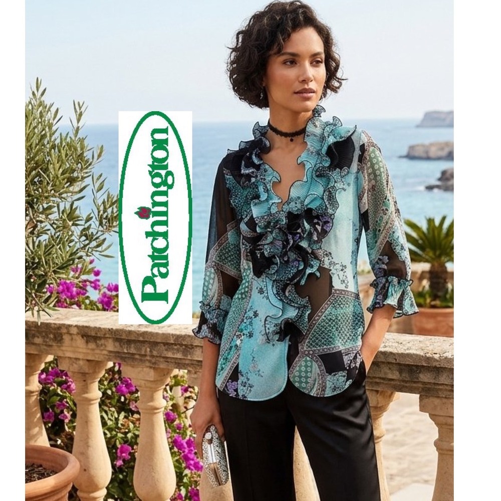 Patchington Turquoise Black Floral Ruffle V-Neck Sheer Blouse Top L Maximalism